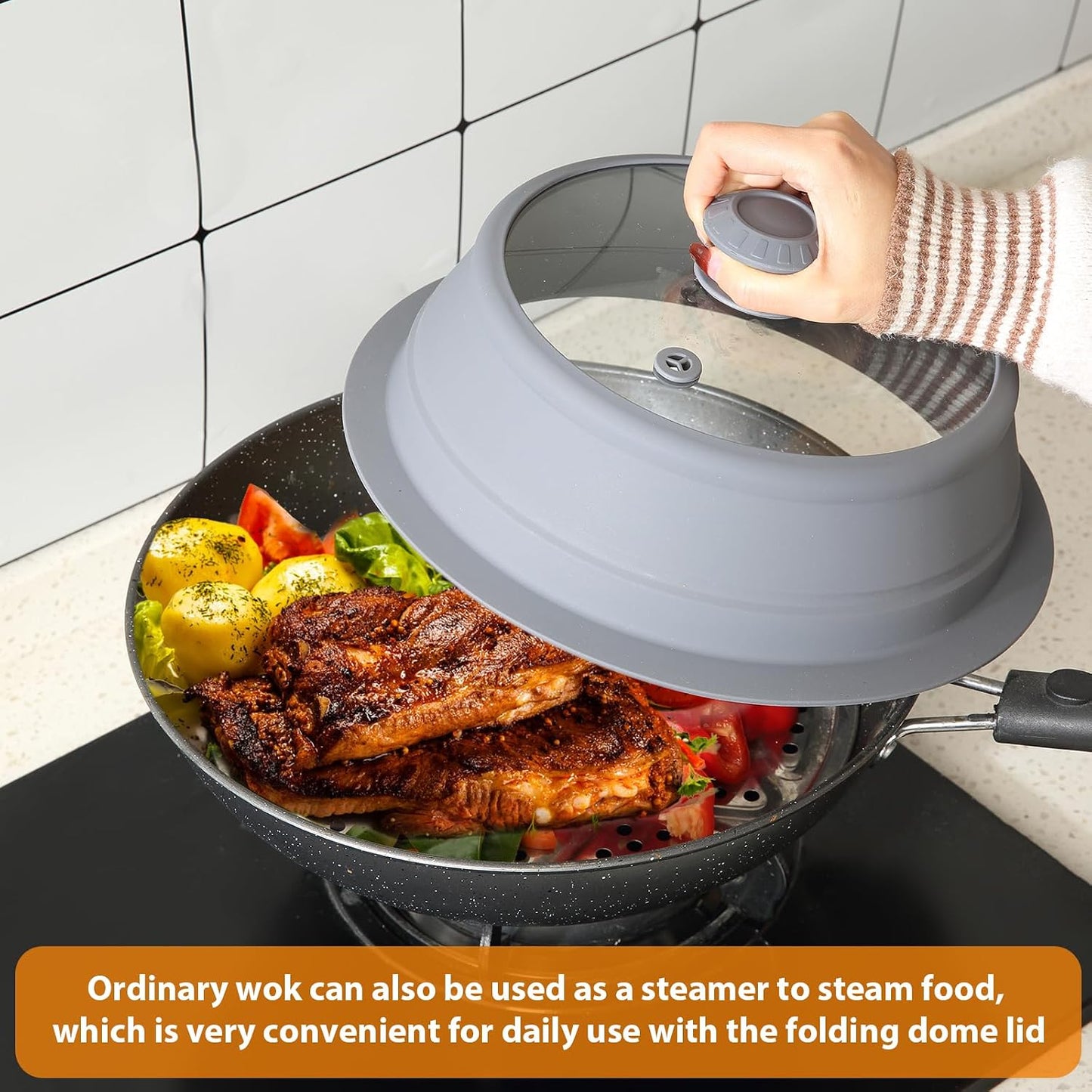 Collapsible Microwave Splatter Lid with Vented Tempered Glass Cover Wok Lid for Microwave Safe, Stockpot Steamer Pot Pan Round Bowl Plate 5" 6" 7" 8" 9" 10" Universal Multifunction Silicone Cover
