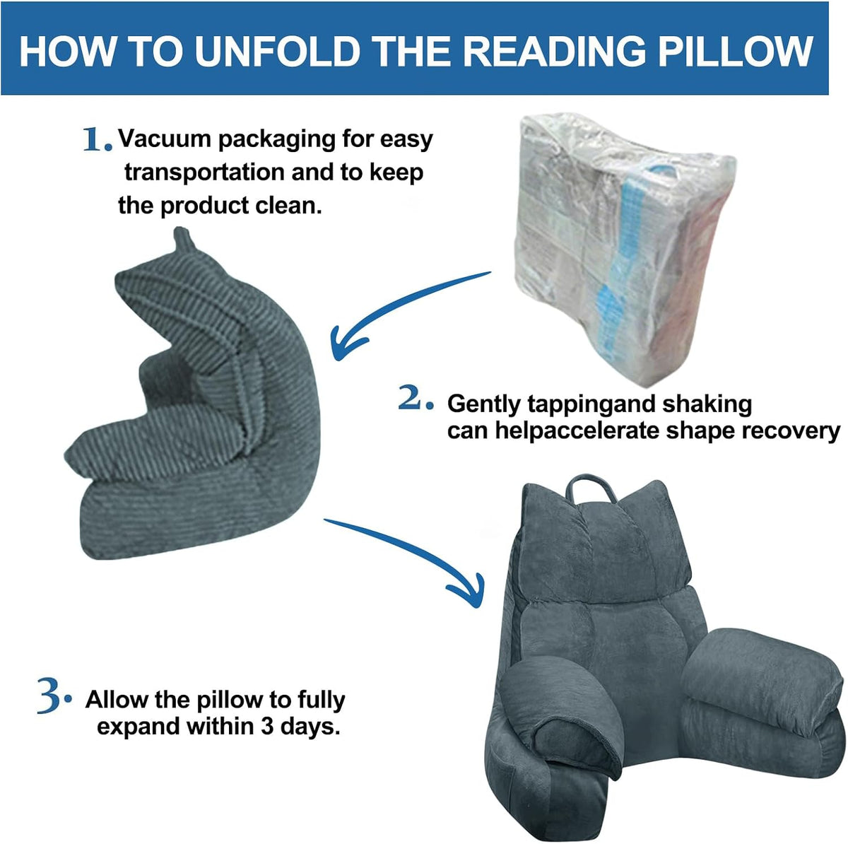 Reading Pillow for Bed with Arms, Back Support, Memory Foam（Grey Black）