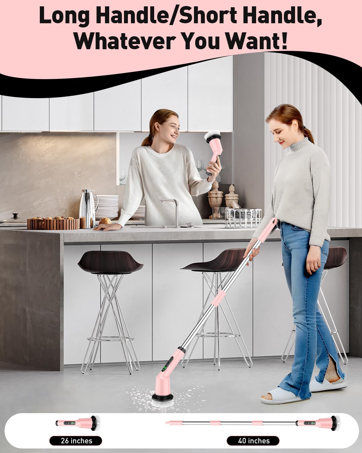 Electric Spin Scrubber for Bathroom, Shower Scrubber with Long Handle | Shower Cleaner Brushes, IPX7 Waterproof & 2 Speed, 3 Brush Heads, 90min Runtime, Bathroom Cleaning Supplies for Toilet Tub