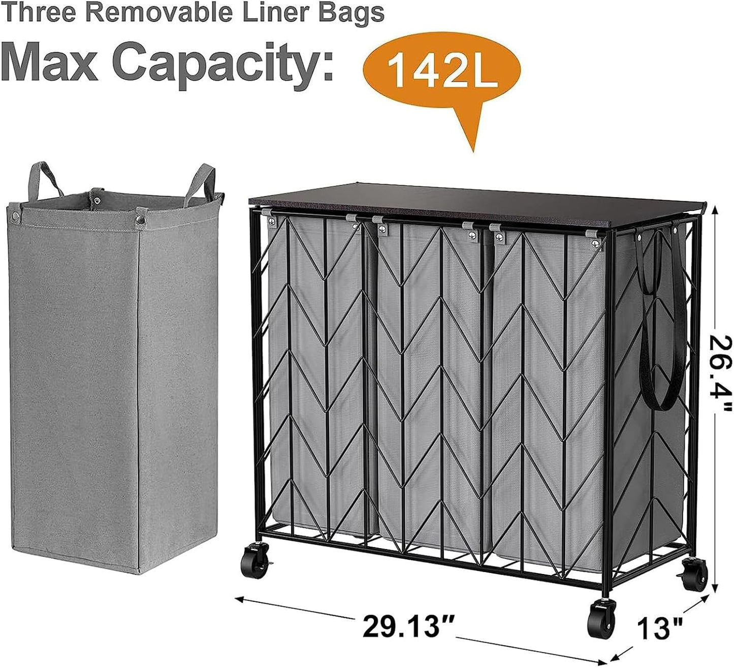 WOWLIVE Laundry Hamper 3 Section with Lid, 142L Laundry Basket with Wheels | Rolling Dirty Clothes Hamper with Removable Bags, Large Iron-Made Laundry Basket Organizer Laundry Sorter for Dorm, Beige