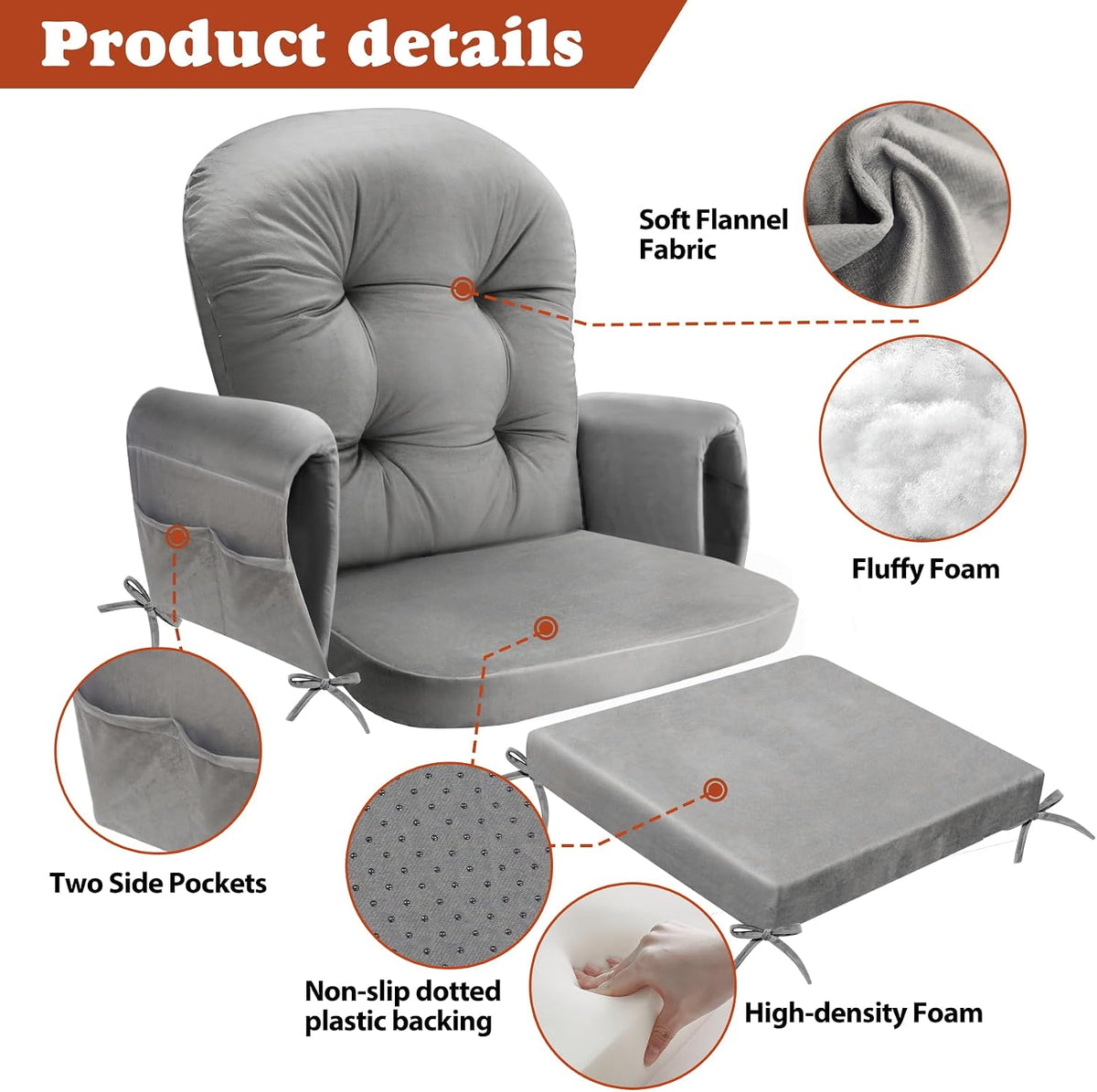 JZHLLA Glider Rocker Replacement Cushion Set with Storage Pockets Soft Flannel Fabric & High-Resilience Foam Non-Slip Back Rocking Chair Cushion for Living Room Rocking Chair(Beige)