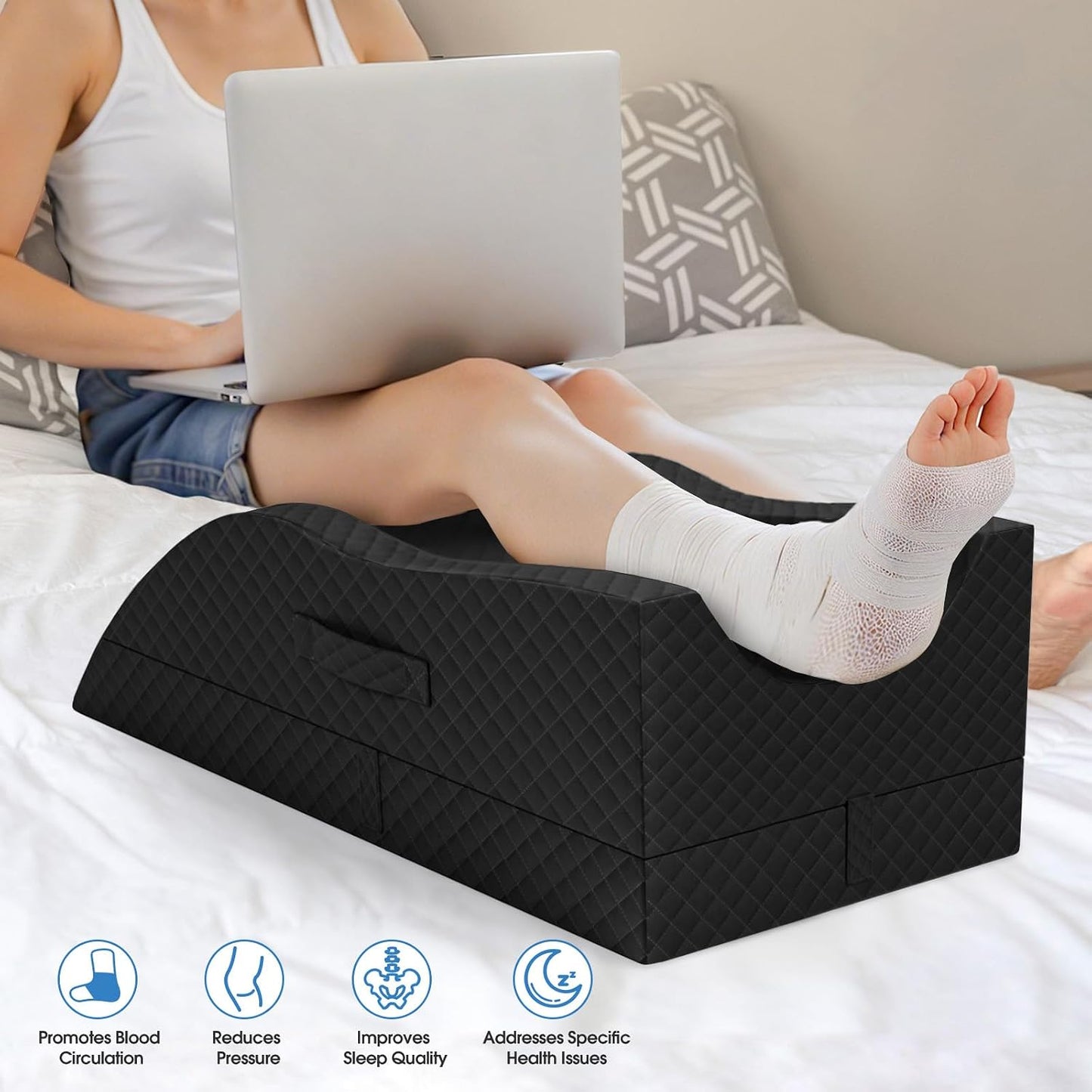 TranquilRelax Leg Elevation Pillows for After Surgery, Wedge Pillow, Grey | Memory Foam, All-around Knee & Ankle Support for Swelling, Height-adjustable, Nop-Slip Bottom, Washable Cover, Single-leg