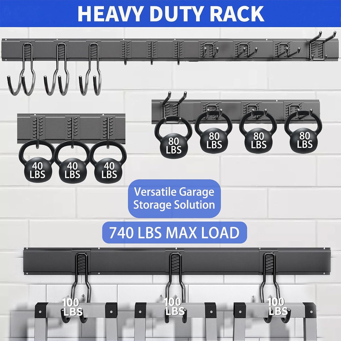 Garage Tool Organizer Wall Mount, 48 Inch Heavy Duty Garden Tool Organizer Storage System, Easy Install with 6 Adjustable Straight Hooks, for Garage, Basement, Shed, Workshop, Black, Steel