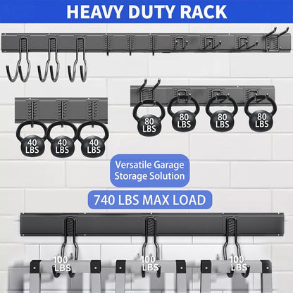 Garage Tool Organizer Wall Mount, 48 Inch Heavy Duty Garden Tool Organizer Storage System, Easy Install with 6 Adjustable Straight Hooks, for Garage, Basement, Shed, Workshop, Black, Steel