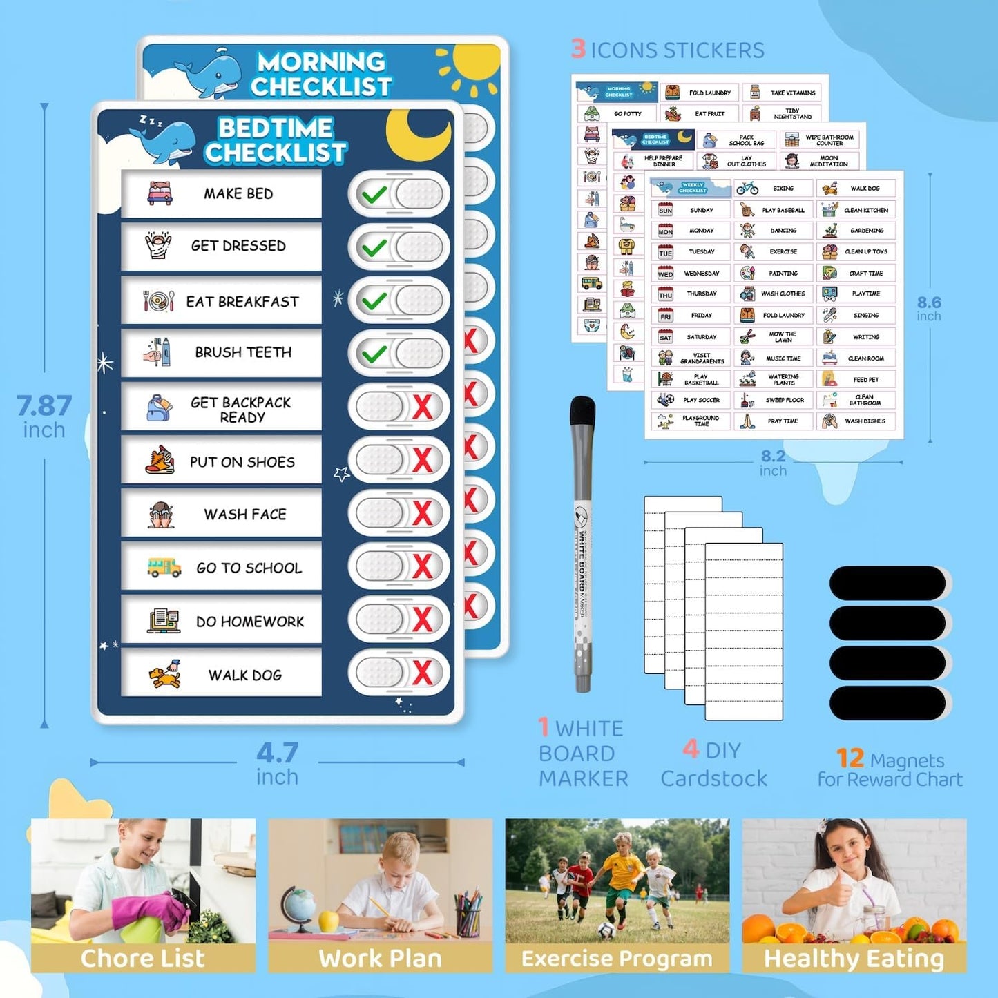 2 in 1 Upgraded Slider Morning/Bedtime Routine Chart for Kids Toddlers - Magnetic Kids Chore Chart for 2 Kids, Dry Erase Chore Chart for Kids, Visual Schedule for Kids with Cute Chore Stickers