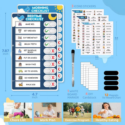 2 in 1 Upgraded Slider Morning/Bedtime Routine Chart for Kids Toddlers - Magnetic Kids Chore Chart for 2 Kids, Dry Erase Chore Chart for Kids, Visual Schedule for Kids with Cute Chore Stickers