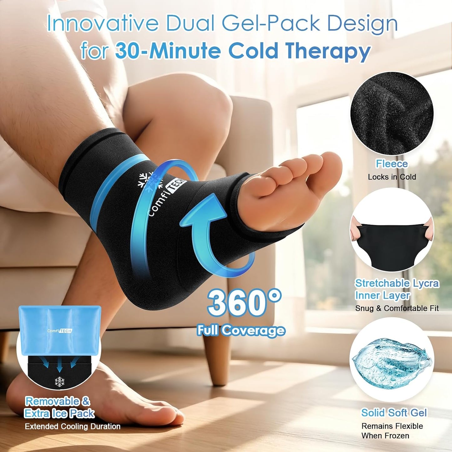 ComfiTECH Dual-Gel Ankle Foot Ice Pack Wrap with 30-Min Cooling, Small | Detachable Cold Pack & Flexible Gel Sleeve for Plantar Fasciitis Relief, Reusable Heel Ice Compress for Achilles Tendonitis