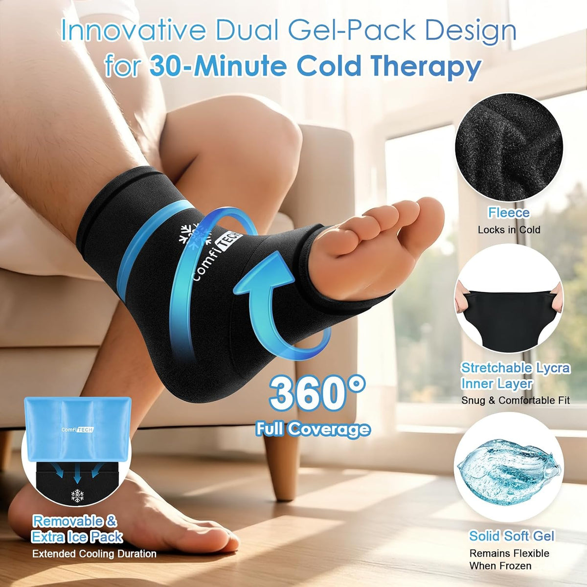 ComfiTECH Dual-Gel Ankle Foot Ice Pack Wrap with 30-Min Cooling, Small