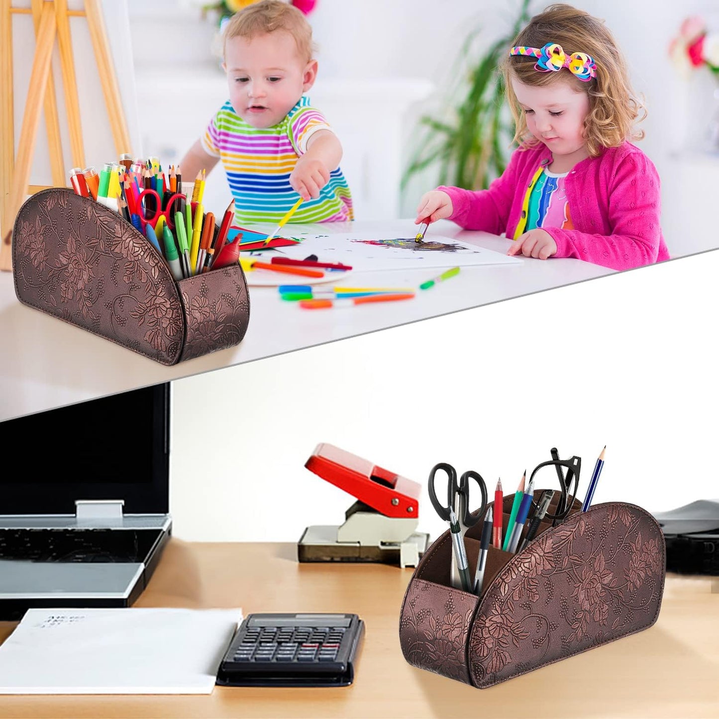 SITHON Remote Control Holder with 5 Compartments | PU Leather Remote Caddy Desktop Organizer Store TV, DVD, Blu-Ray, Media Player, Heater Controllers, Stripe Black