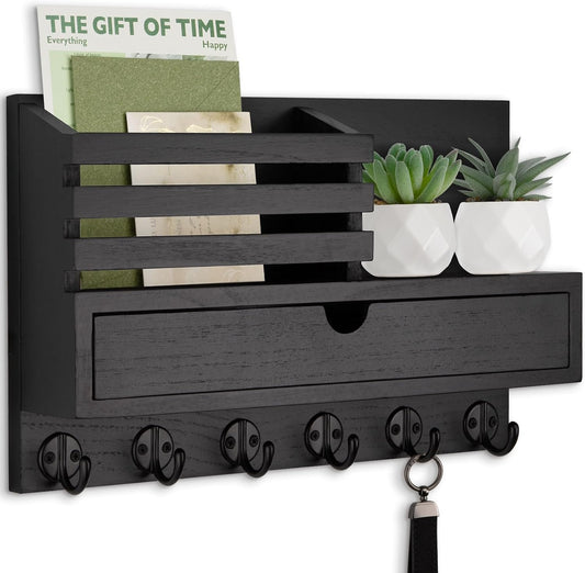 Key Holder Wall Mount, Mail Holder with Storage Drawer | Key and Mail Holder with 5 Key Hooks for Coat, Dog Leash, Home Decor Rack, House Accessories, Entry Way Organizer