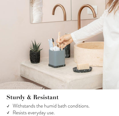 Marble Look Toothbrush Holder for Bathroom Countertop Organizer, Holds Toothpaste, Dental Floss, Razor, Comb, Makeup Brushes, and More, Stylish Bathroom Accessory for Tooth Brushing Essentials