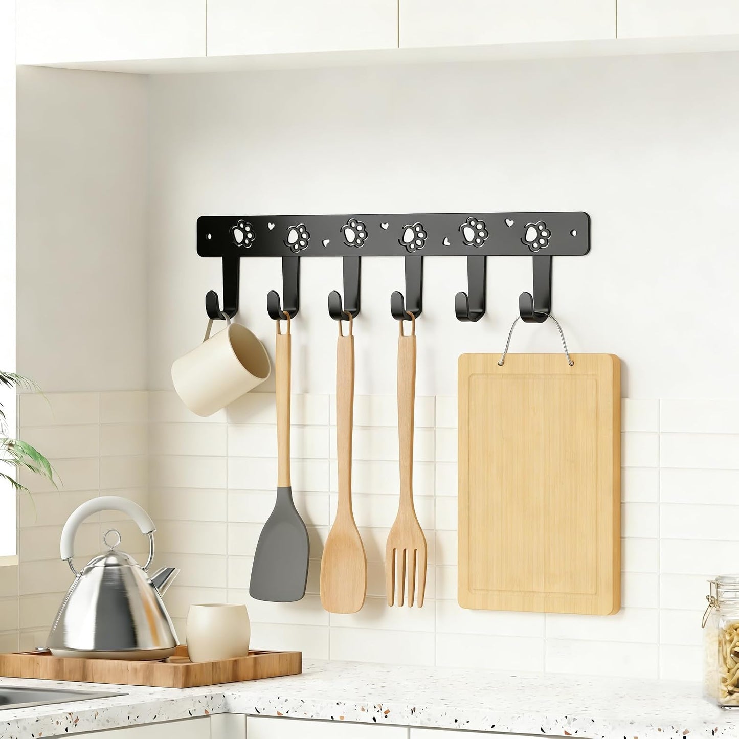 Dog Leash Holder for Wall, Extra Wide 6 Hook Key Rack with Pet Paw Print & Heart, Matte Black Rust-Proof Pet Organizer for Thick Leashes & Keys, Perfect for Mudroom & Entryway, Dog & Cat