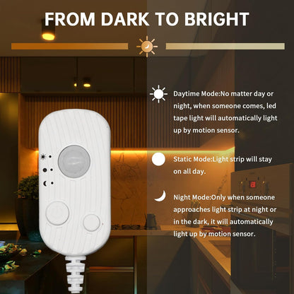 LED Light Strip Motion Sensor, USB Powered, Waterproof Rope Lights 6000K, Day and Night Modes Dimming, Indoor/Outdoor Use, Adhesive Tape 16.4ft
