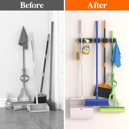 Lifewit Mop and Broom Holder Organzier Wall Hanging Mount, Black, 1 Pack | Anti-Slip Broom Storage for Cleaning Organizer, Easy Install Tool Hanging Rack with 5 slots & 6 hooks for Kitchen, Garage