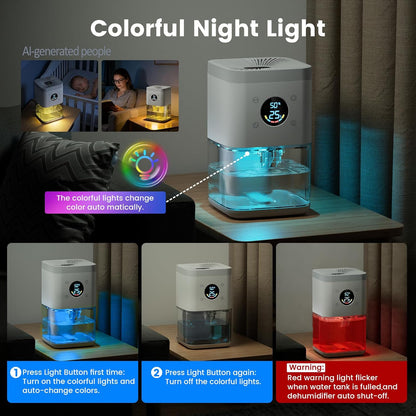 Small Dehumidifier for Bedroom – 63oz 35dB Quiet Auto Dehumidify (60/70%) & Continuous Mode for Bathroom Closet RV, Auto Defrost & Auto Shut-Off, 7-Color Flowing Night Light & Timer, Portable – White