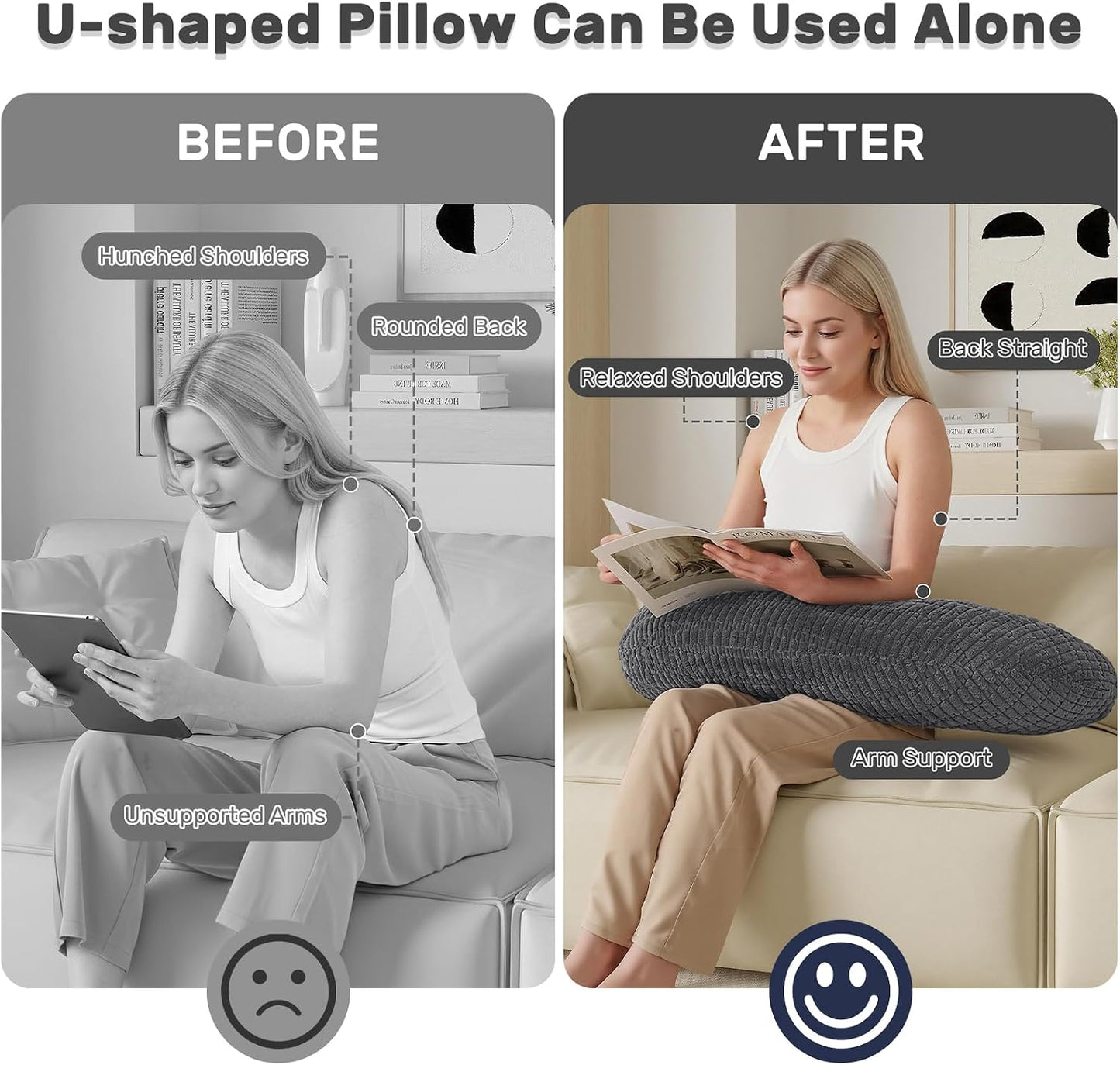 Reading Pillow for Bed, Backrest Pillow with Arms for Adult | Bed Pillow for Sitting Up, Back Support Pillows for Sleeping, Reading and Gaming with Shredded Memory Foam, Gray