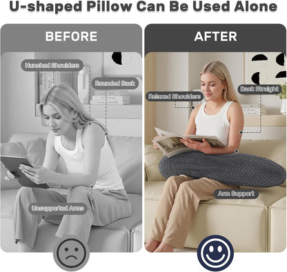 Reading Pillow for Bed, Backrest Pillow with Arms for Adult | Bed Pillow for Sitting Up, Back Support Pillows for Sleeping, Reading and Gaming with Shredded Memory Foam, Gray