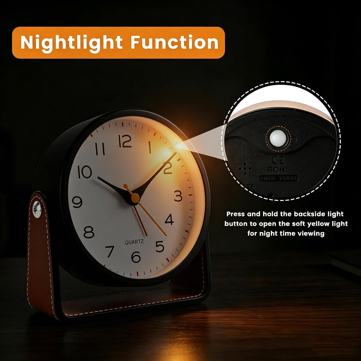 Analog Alarm Clock - 4.5" Silent Non Ticking Small Clock with Light, Rotatable Stand Metal Desk Clock Battery Operated, Simple Design for Living Room Decor/ Bedroom/Bedside/Shelf (Black & White)