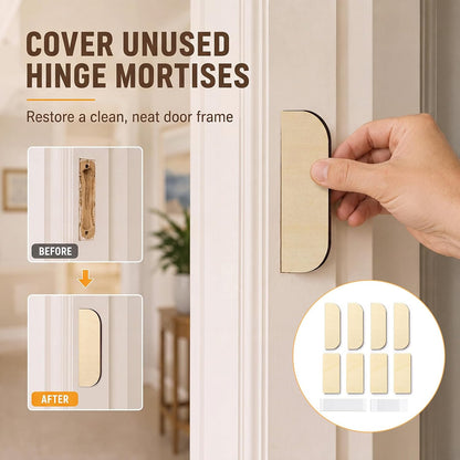 8 Pack 3.5 Inch Hinge Repair Wooden Plate Door Hole Cover Plate Wooden Hinge Filler Wood Repair Kit Kitchen Cabinet Hinges Cabinet Door Blanks with Double Sided Tapes