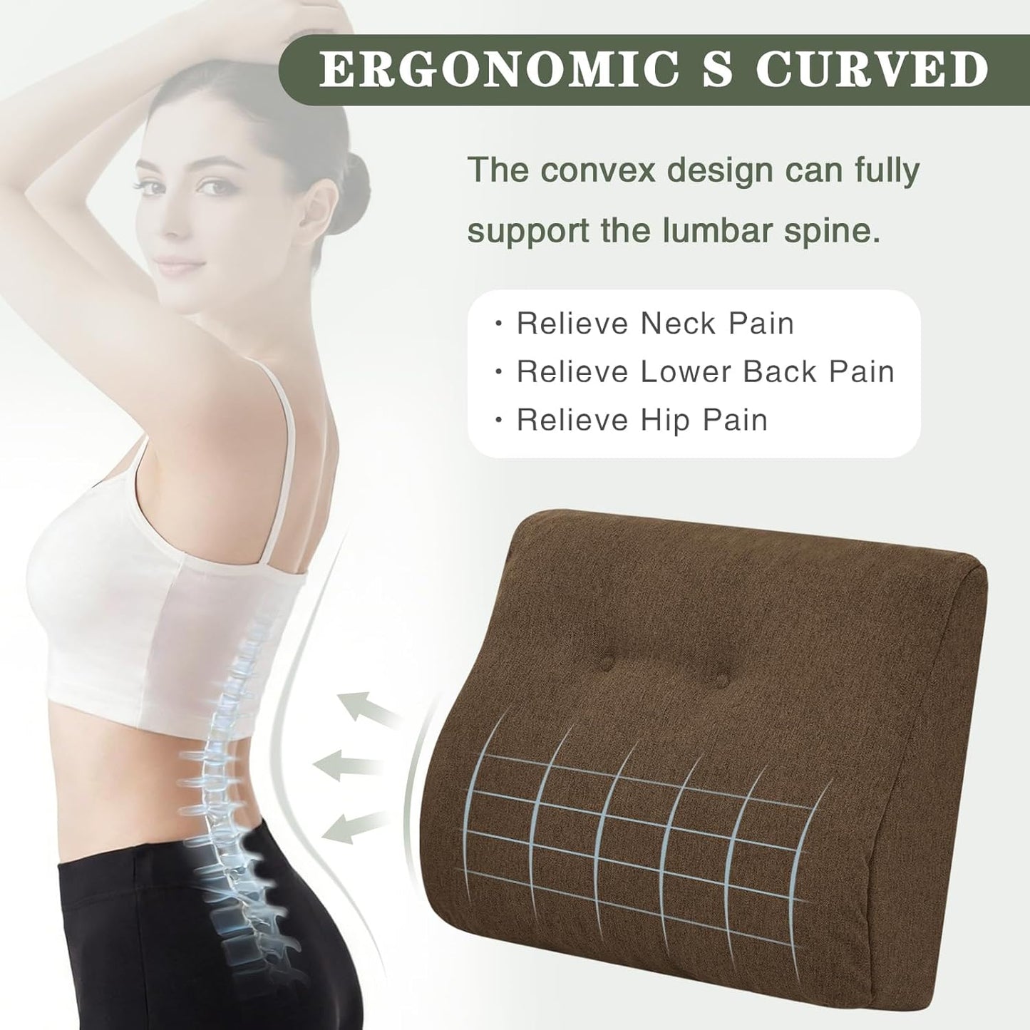 baibu Patented Dual-Layer Memory Foam Lumbar Pillow for Recliner, Brown | Large ergonomic back support for recliners, sofas and gaming chairs, with a removable machine-washable cover.