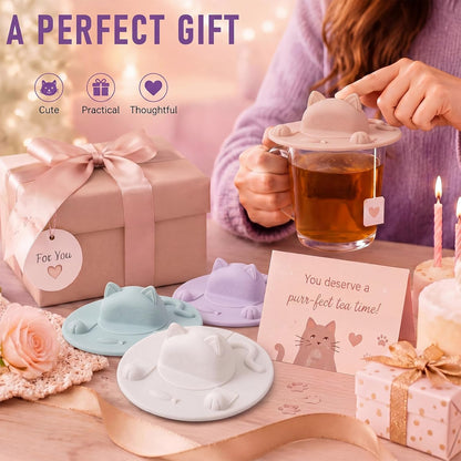 4 Pcs Tea Bag Squeezer 4 Inch Silicone Tea Bag Holder & Squeezer Dishwasher Safe Purple Cute Cat-shaped Cup Silicone Lids Warm Cover Supplies