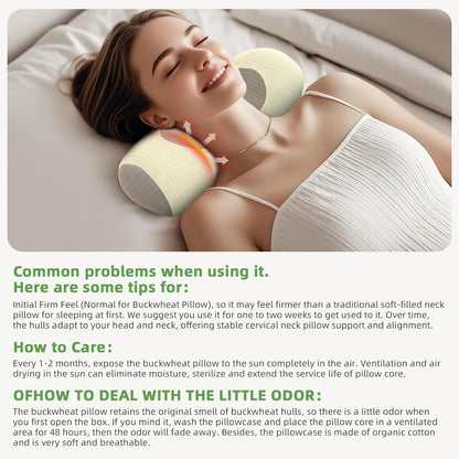 Organic Buckwheat Cervical Neck Pillow, Adjustable Neck Roll for Sleeping, Ergonomic Neck Support Bolster for Side & Back Sleepers, Firm Support Pillow for Neck Pain Relief & Spine Alignment