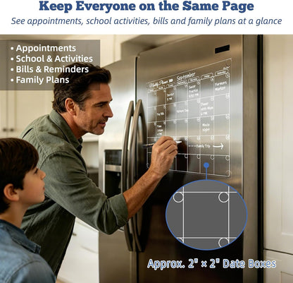 Clear Non-Magnetic Calendar Set for Fridge - Dry Erase Transparent Monthly and Weekly Calendar, List and Blank Whiteboard - Sticks to Wall, Glass, Door, Any Smooth Surfaces