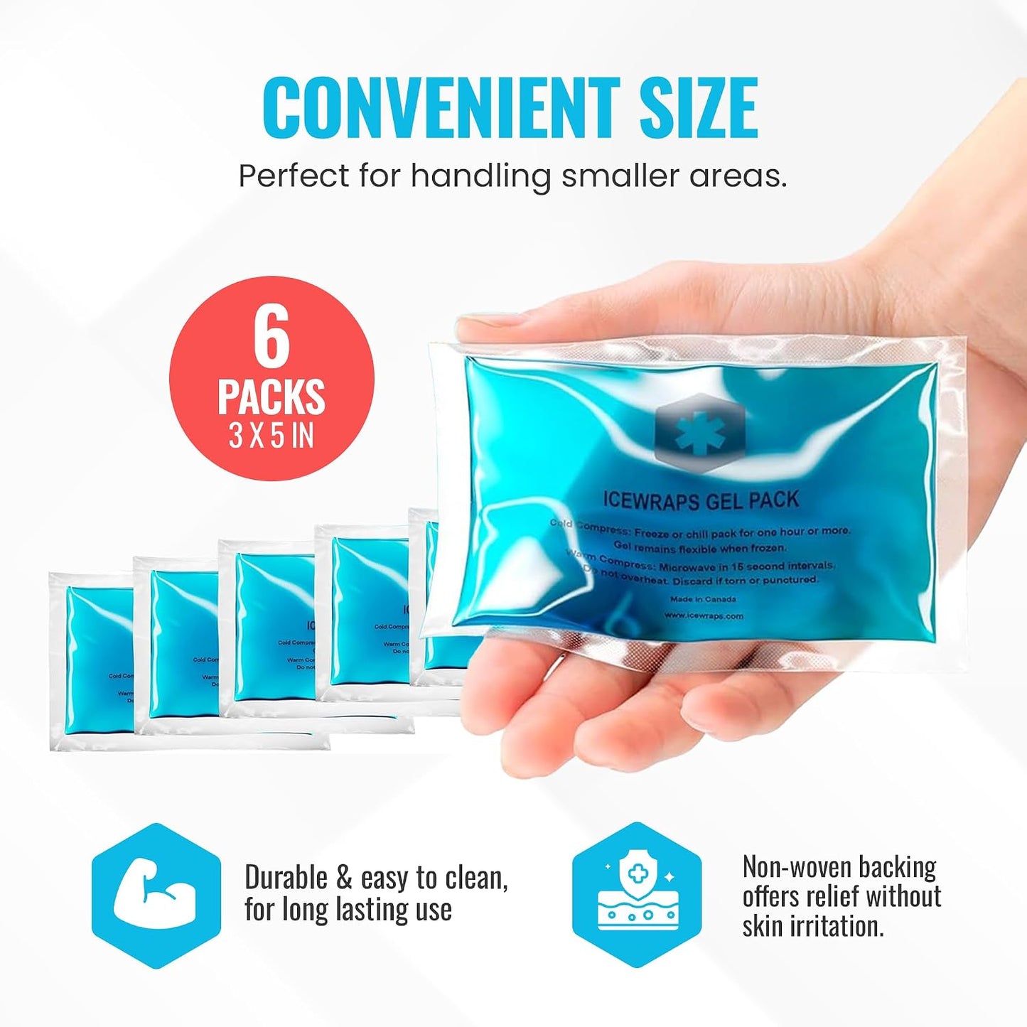 ICEWRAPS Reusable Ice Packs Compact 3 x 5 in, Soft Cooling, Pack of 6 | Hot or Cold Use, Puncture Resistant, Ice Pack for Everyday Comfort, Multi Use Gel Design, FSA-HSA Eligible