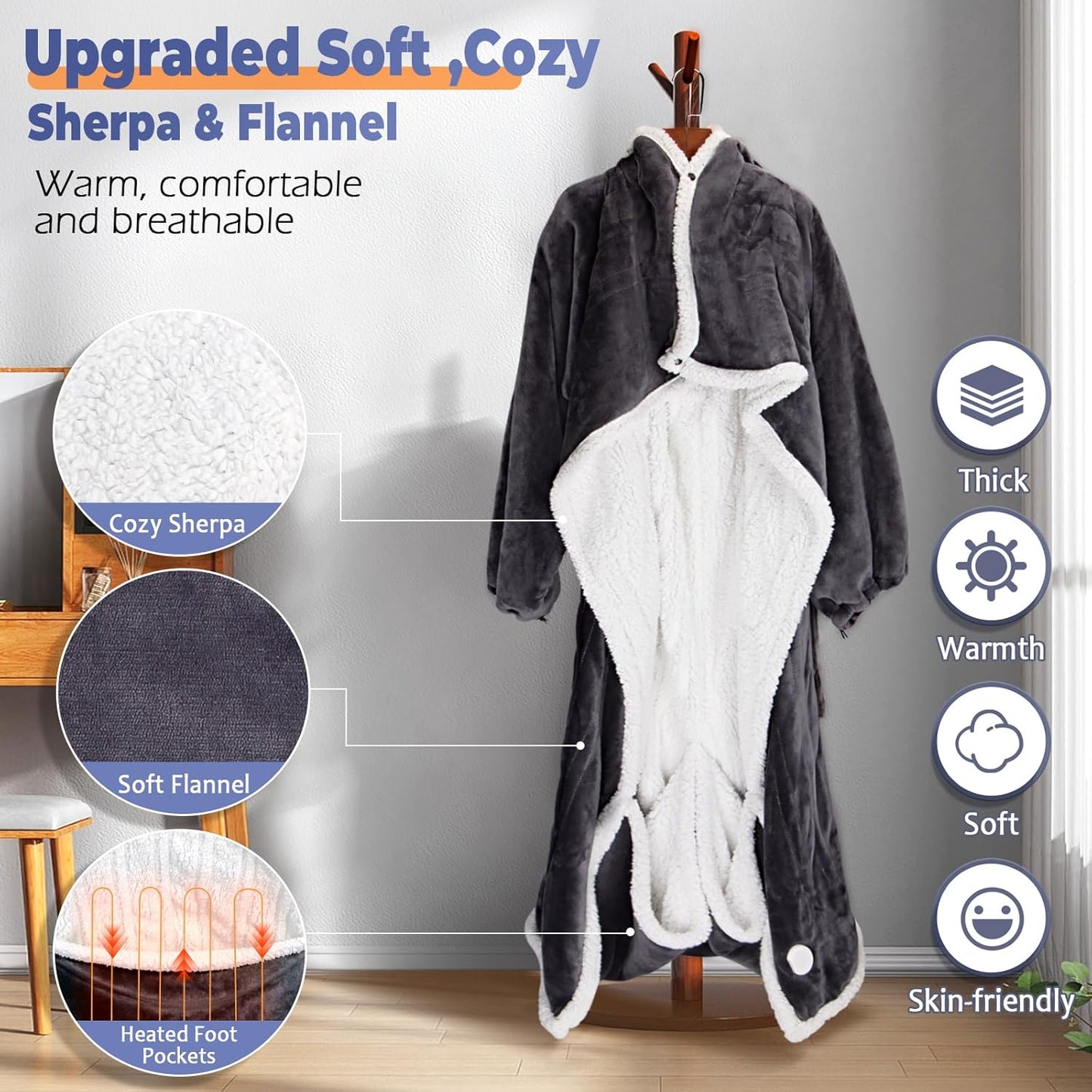 Wearable Heated Blanket with Foot Pocket, Electric Wearable Throw Blanket with Sleeves, Hood, Portable Heated Blanket with 8 Heat Settings, 1-10 Hours Auto Shut-off, Gift for Family, Friends, 50*70"