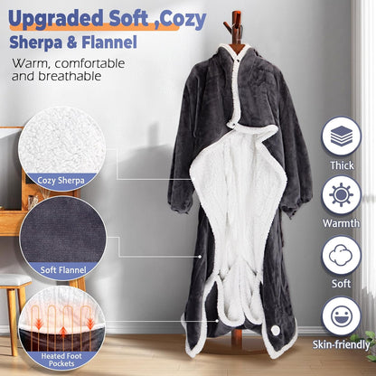 Wearable Heated Blanket with Foot Pocket, Electric Wearable Throw Blanket with Sleeves, Hood, Portable Heated Blanket with 8 Heat Settings, 1-10 Hours Auto Shut-off, Gift for Family, Friends, 50*70"
