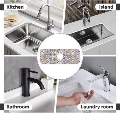 Aquamarine Blue Mexican Tiles Faucet Splash Guard Mat for Kitchen Sink 15x5.5" - Colors B
