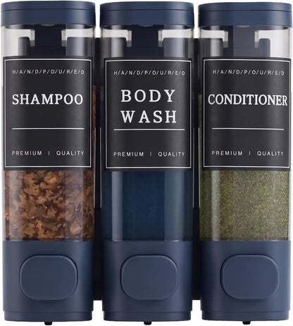 Shampoo and Conditioner Dispenser,Shower Soap Dispenser 3 Chamber No Drill Wall-Mounted for Bathroom & Hotel Leak-Proof Pumps, for Thick Liquids Like Conditioner - 1050ML High Capacity, Dark Blue