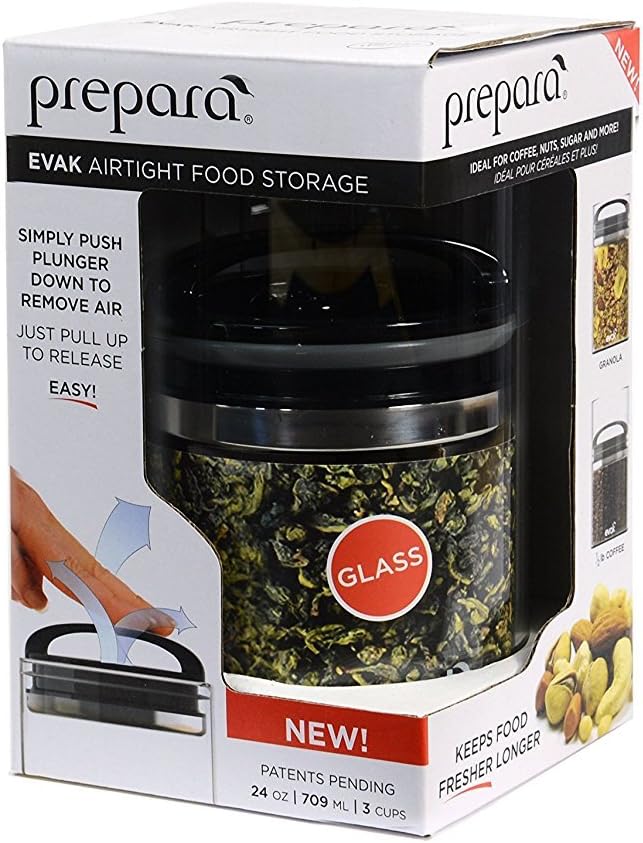 Prepara Evak Compact Glass Food Storage, Small, Black | Borosilicate Glass Container Vacuum Seal Lid & Black Handle, Odor & BPA-Free, Ideal for Coffee, Tea, Pantry Dry Goods