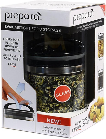 Prepara Evak Compact Glass Food Storage, Small, Black | Borosilicate Glass Container Vacuum Seal Lid & Black Handle, Odor & BPA-Free, Ideal for Coffee, Tea, Pantry Dry Goods