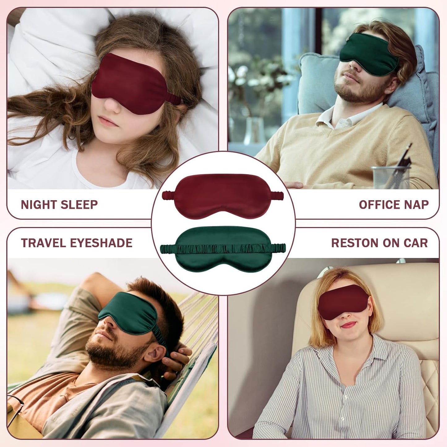 Amrules Sleep Mask Set of 2, Adjustable Silk Eye Mask for Sleeping, Soft Sleeping Eye Shade Cover for Women, Good for Blocking Light, Reducing Puffiness, Enhancing Sleep Quality (Blush Pink & Black)