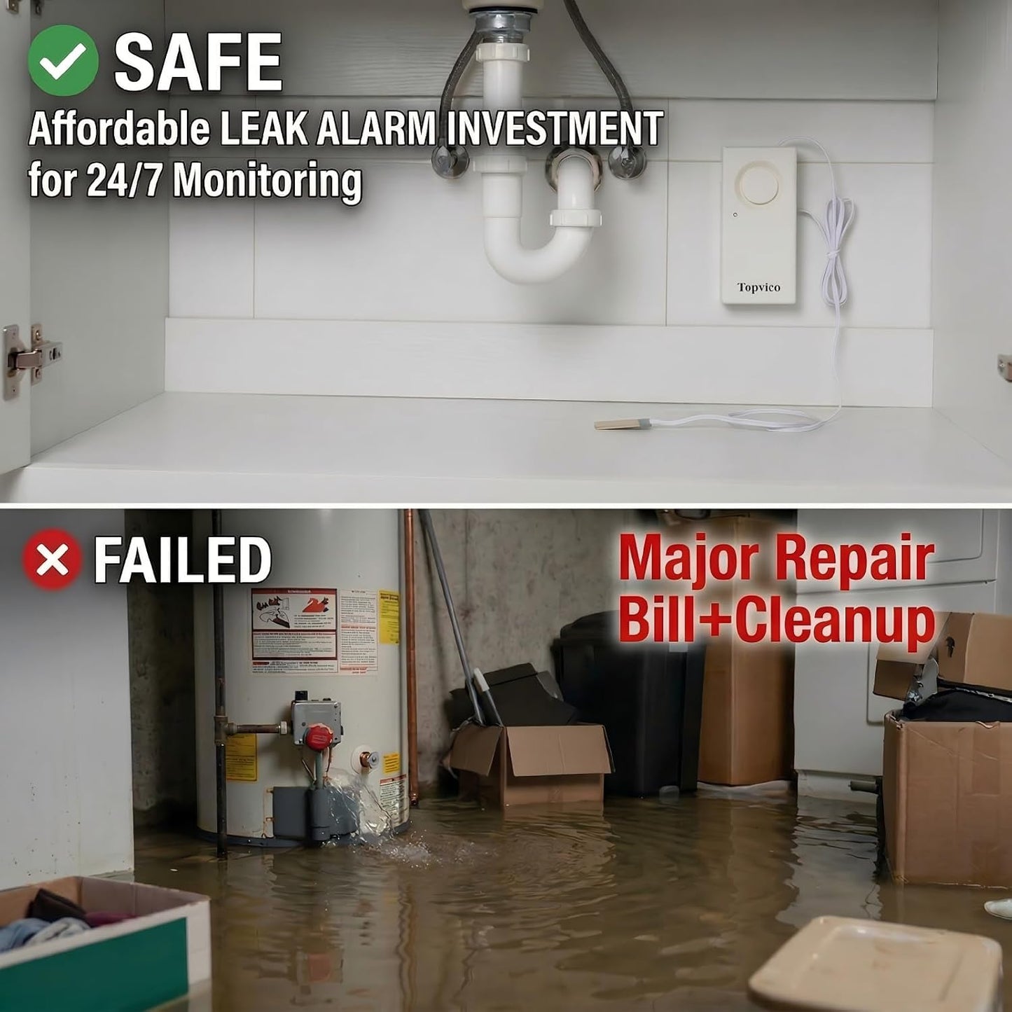 Water Alarms Leak Detector, 120dB, 37.8 Inches Cable, 2 Packs | for Home Basements, RV Water Heater, Sump Pump Overflow Moisture Floor Flood Sensor, Work Alone Battery Operated