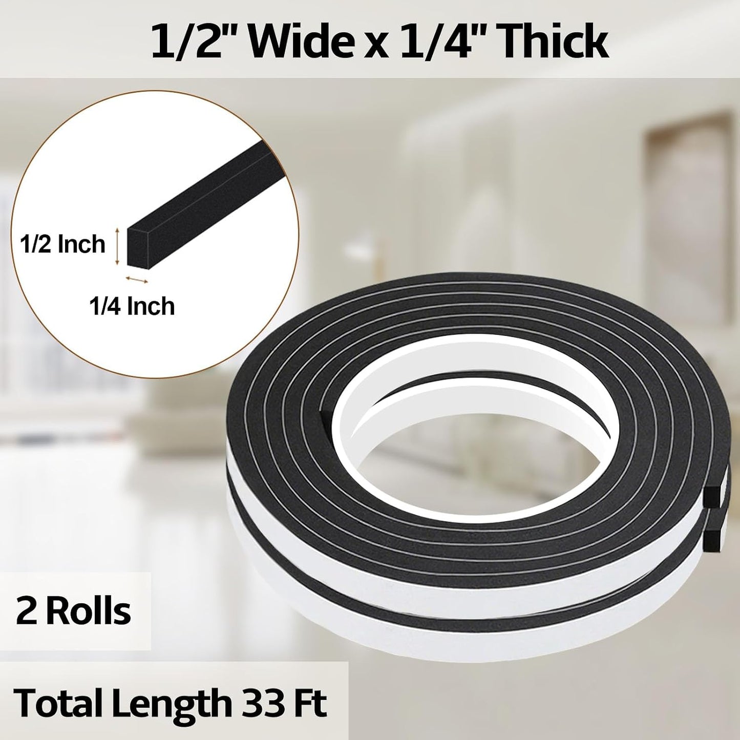 1 in Wide x 1/8 in Thick x 33FT Foam Weather Stripping Door Seal,Window Sealing Tape，Single-Sided Self-Adhesive Insulation Sealing Strip White
