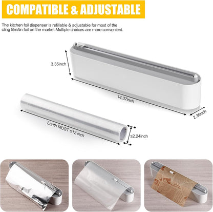 Aluminum Foil & Plastic Wrap Dispenser with Slide Cutter - Magnetic & No-Drill Wall Mount, Cling Film Dispenser for Worktops & Cabinets, Space-Saving Kitchen Organizer - Fits 12" Rolls, White