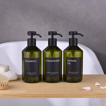 Shampoo and Conditioner Dispenser Set of 3 for Wall Mount | 16.9 fl oz Drill Free Shower Soap Bottles,Refillable Body Wash Dispensers for Bathroom Decor (Amber Bottles + Bamboo Pumps)