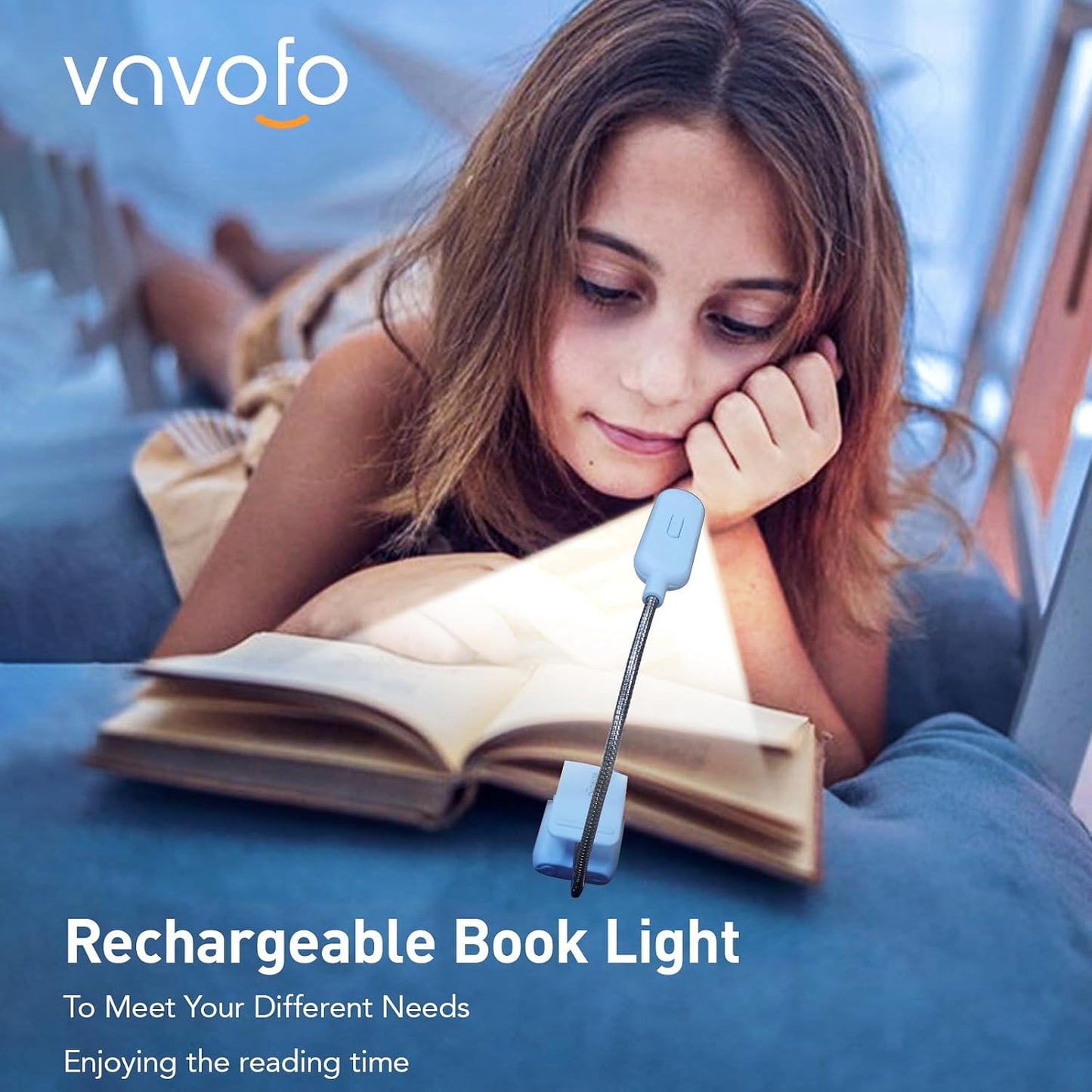 VAVOFO Rechargeable Book Light for Reading in Bed Kids, 7 LED Reading Light with 9-Level Warm Cool White Daylight, Eye Care Lamp with Power Indicator for Bookworms (Yellow)