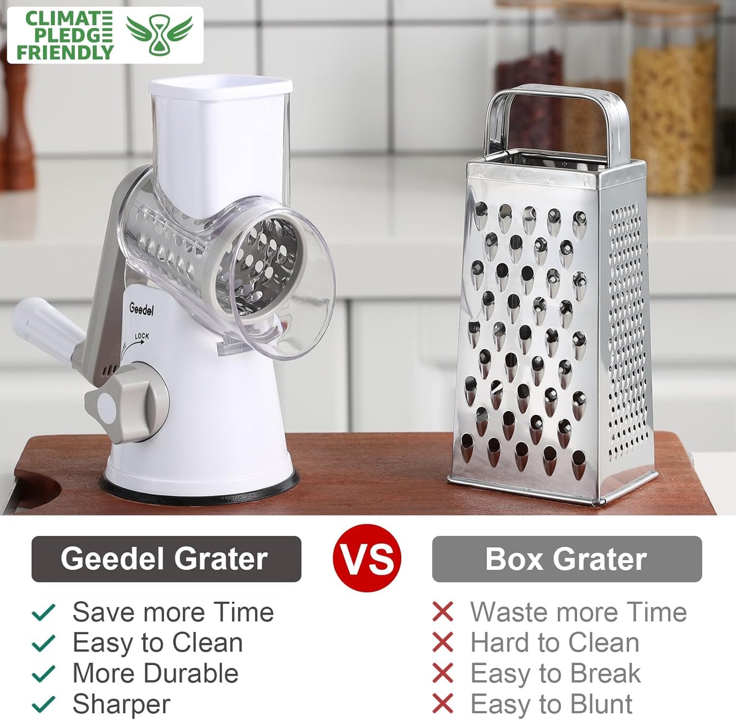 Geedel Rotary Cheese Grater, Kitchen Mandoline Vegetable Slicer with 3 Interchangeable Blades, Easy to Clean Rotary Grater Slicer for Fruit, Vegetables, Nuts | 3 Blades, 430 Stainless Steel, 12x Fast Cutting, Strong Suction Base, No BPA, Dishwasher Safe,