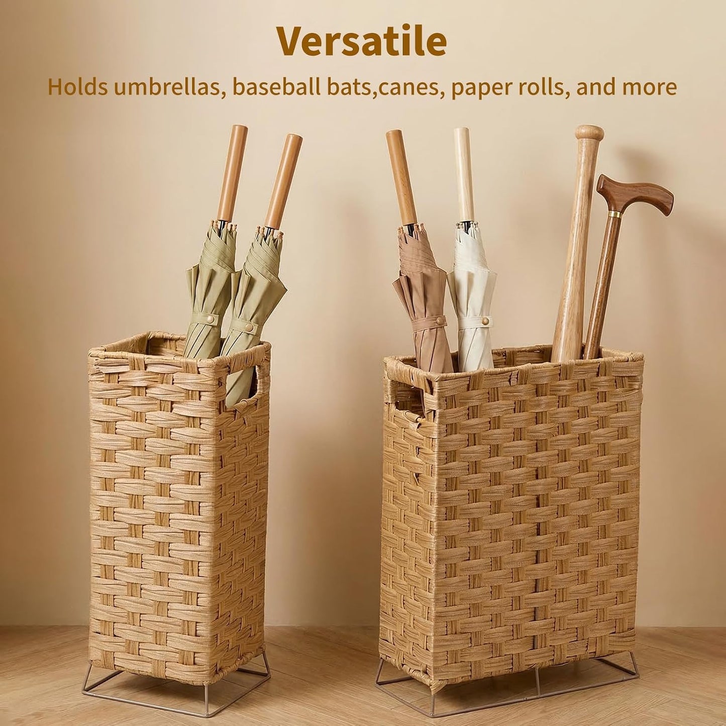 Rattan Umbrella Holder Basket Stand for Entryway | Handwoven, Indoor Umbrella Storage with Waterproof Base, Durable Metal Hooks & Removable Drip Tray