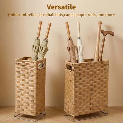 Rattan Umbrella Holder Basket Stand for Entryway | Handwoven, Indoor Umbrella Storage with Waterproof Base, Durable Metal Hooks & Removable Drip Tray