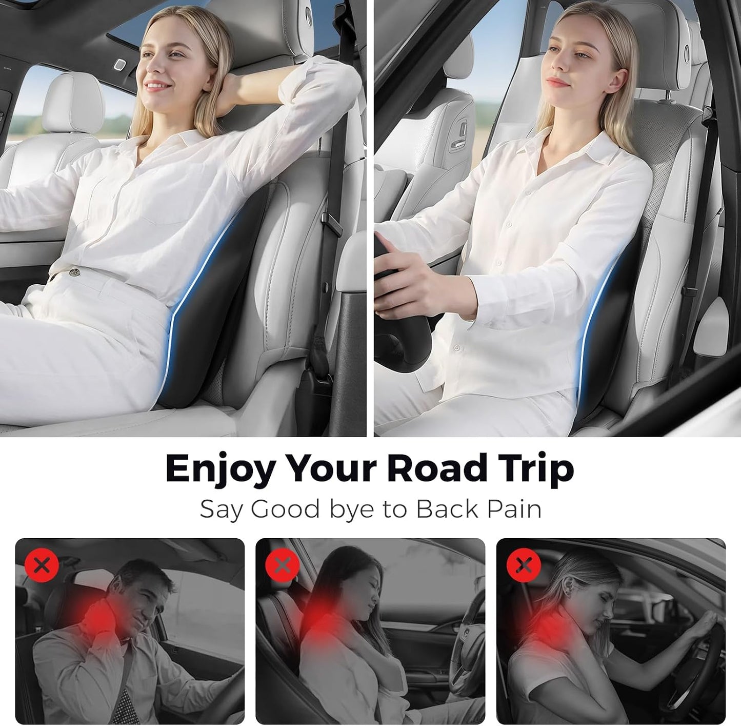 BEBAS Ergonomic Lumbar Support Pillow for Car, Memory Foam Car Back Cushion | Comfort Lumbar Pillow for Back Pain Relief, Breathable Washable Cover, Fits for Driving, Office, Wheelchair, Black