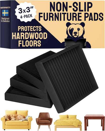 Non-Slip Furniture Pads - 4x4 in Brown, 4 Pack | Square rubber caster cups - anti-skid - Use for heavy sofas, beds & chairs on hardwood floors