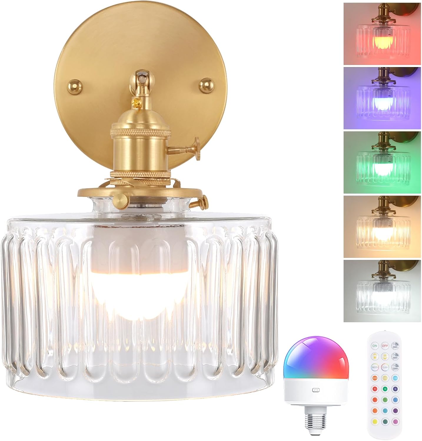 Shenmoyl Battery Operated Wall Sconce with Green Striped Shade Pattern Glass Adjustable Chain Retro Gold Wall Mounted Light, Modern Wall Lamp Fixtures Decor for Bedside Bedroom Indoor Doorway
