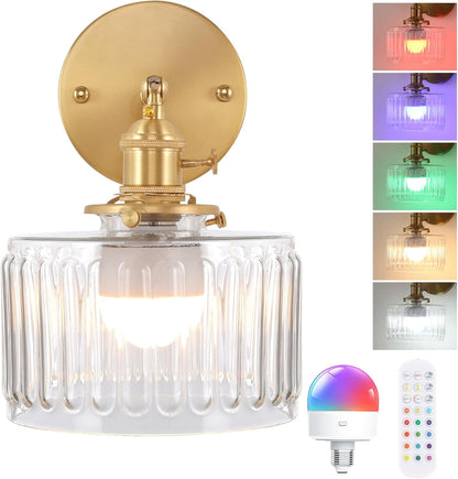 Shenmoyl Battery Operated Wall Sconce with Green Striped Shade Pattern Glass Adjustable Chain Retro Gold Wall Mounted Light, Modern Wall Lamp Fixtures Decor for Bedside Bedroom Indoor Doorway
