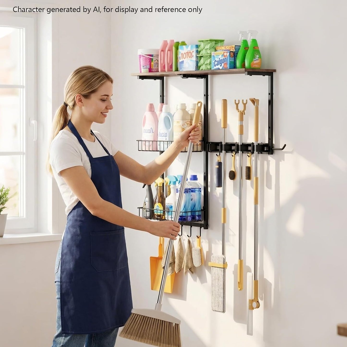 Broom Holder Wall Mount，With A Storage Basket Cleaning Tool Storage Rack | Multifunctional Broom And Mop Organizer Wall Hanger,Suitable Laundry Room 、Garage 、Kitchen Wall-mounted Storage Rack （Black）