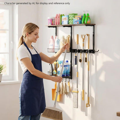 Broom Holder Wall Mount，With A Storage Basket Cleaning Tool Storage Rack | Multifunctional Broom And Mop Organizer Wall Hanger,Suitable Laundry Room 、Garage 、Kitchen Wall-mounted Storage Rack （Black）