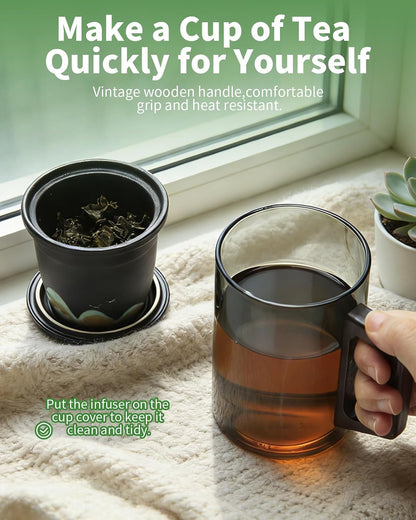 Tea Mug with Infuser and Lid for Loose Leaf Tea, Premium Glass Cup with Ergonomic Wooden Handle, Embossed Oriental Mountain Ceramic Strainer, Unique Gift for Tea Lovers Men Women Black